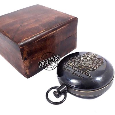 AV Victorian Style Push Knob Clock Compass with Box Wooden Handmade Antique Finish Marine Item
