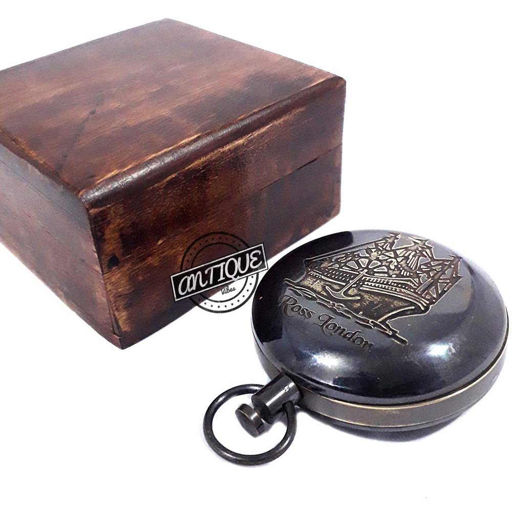 AV Victorian Style Push Knob Clock Compass with Box Wooden Handmade Antique Finish Marine Item