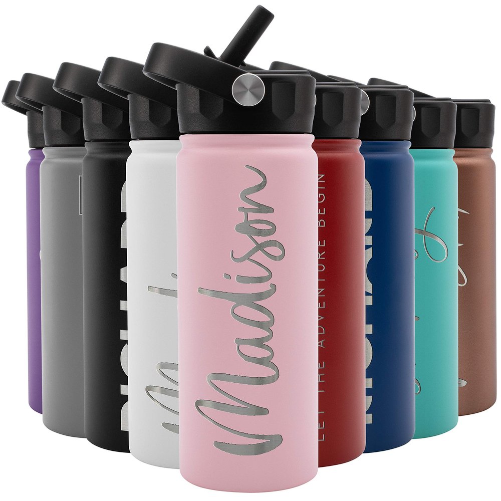 Amazing Items Personalized Water Bottle w/Straw & Lid, 18 oz - Pink | Custom Stainless Steel Sports Water Bottle w/Name and Text - Double-Wall, Vacuum Insulated - Rotating Handle