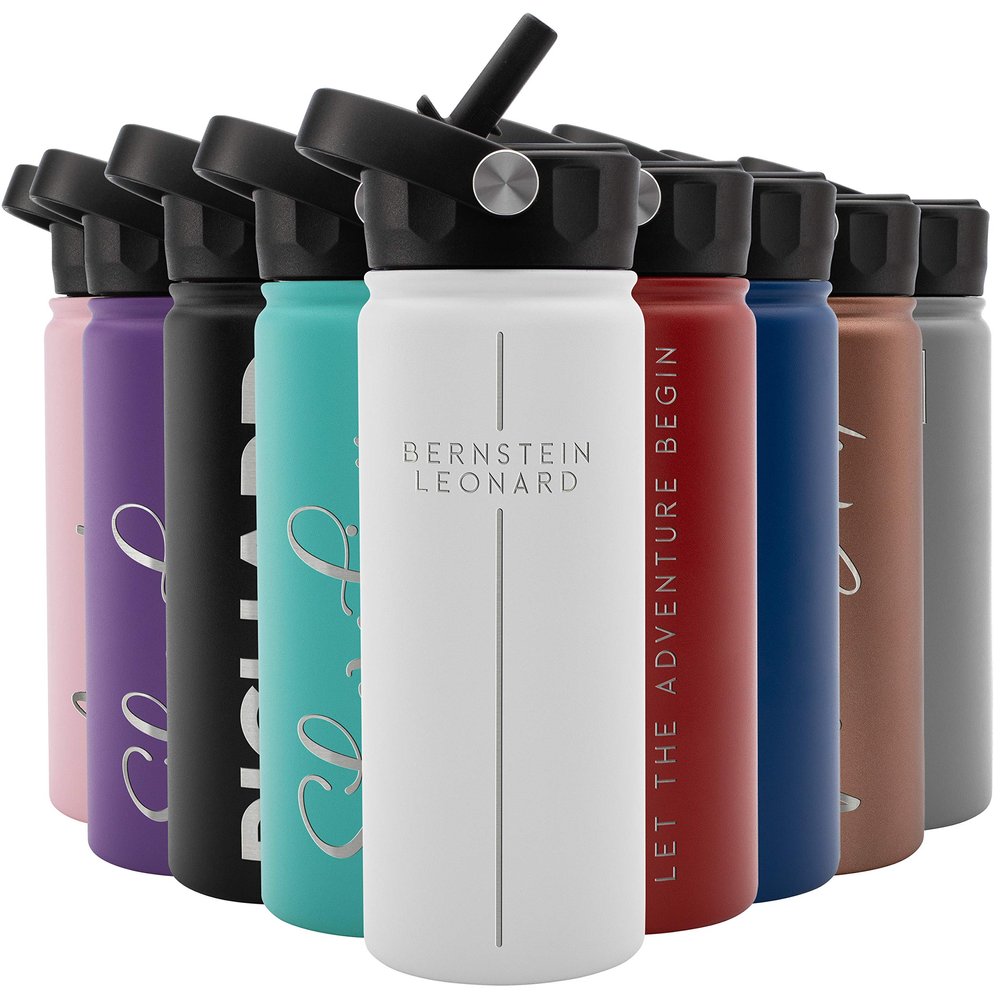 Amazing Items Personalized Water Bottle w/Straw & Lid, 18 oz - White | Custom Stainless Steel Sports Water Bottle w/Name and Text - Double-Wall, Vacuum Insulated - Rotating Handle