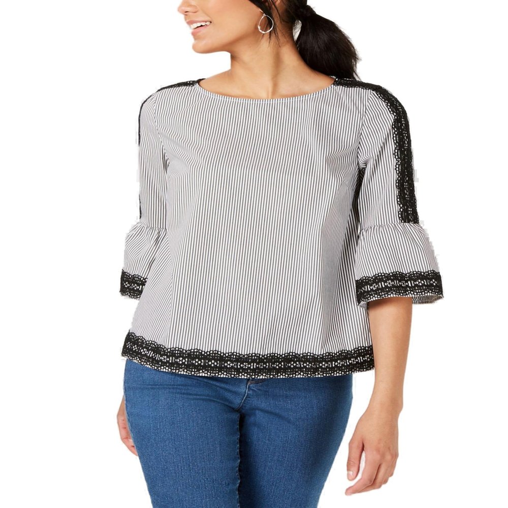 Charter CIub Petite Woven Trim Bell Sleeve Blouse White PL