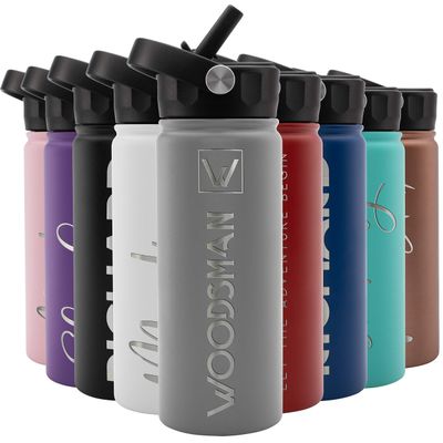 Amazing Items Personalized Water Bottle w/Straw & Lid, 18 oz - Gray | Custom Stainless Steel Sports Water Bottle w/Name and Text - Double-Wall, Vacuum Insulated - Rotating Handle