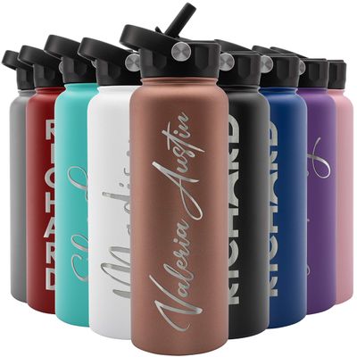 Amazing Items Personalized Water Bottle w/Straw & Lid, 40 oz - Rose Gold | Custom Large Stainless Steel Sports Water Bottle w/Name and Text - Double-Wall, Vacuum Insulated - Rotating Handle