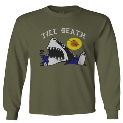 0257. Shark Summer Vibe Cool Graphic Surf Till Death Streetwear Society Men's Long Sleeve t Shirt (Olive, Small)