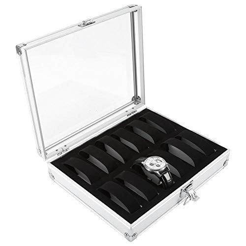AUNMAS Watch Display Case, Transparent Glass Top, Aluminum Watch Box Organizer, 12 Slots Storage for Men, Jewelry and Beads Holder, Silver