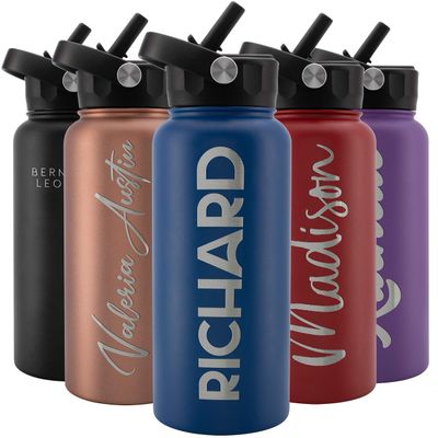 Amazing Items Personalized Water Bottle w/Straw & Lid, 32 oz - Navy Blue | Custom Stainless Steel Sports Water Bottle w/Name and Text - Double Wall, Vacuum Insulated - Rotating Handle