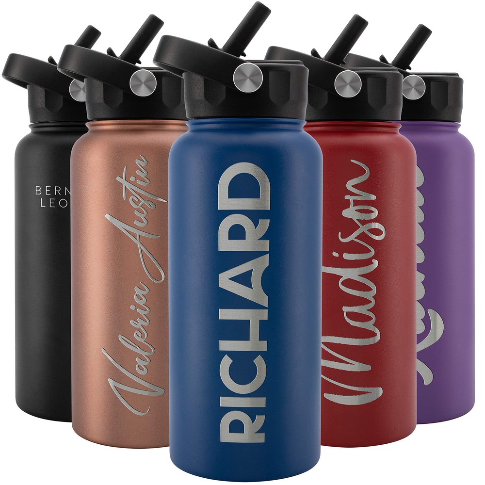 Amazing Items Personalized Water Bottle w/Straw & Lid, 32 oz - Navy Blue | Custom Stainless Steel Sports Water Bottle w/Name and Text - Double Wall, Vacuum Insulated - Rotating Handle