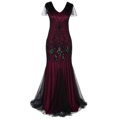 1920s Great Gatsby Flapper Formal Evening Party Dress for Women Vintage V Neck Art Deco Fringe Beaded Sequin Mermaid Hem Floor Length Cocktail Maxi Gown Embellished Prom Costume Black + Red XL