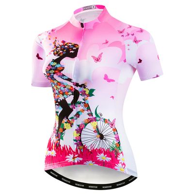 JPOJPO Womens Cycling Jersey Short Sleeve, Ladies Mountain Bike Shirts Bicycle Clothes Outfit Top for Cyclist Biking Cycle Riding Dirt Road BMX MTB Outdoor Running Workout Sports, Pink Girl Small