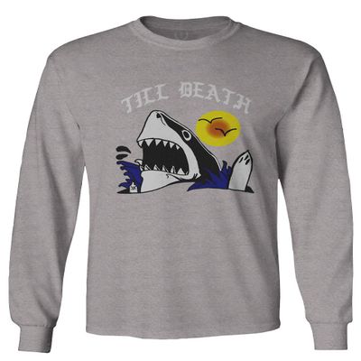 0257. Shark Summer Vibe Cool Graphic Surf Till Death Streetwear Society Men's Long Sleeve t Shirt (Light Gray Large)