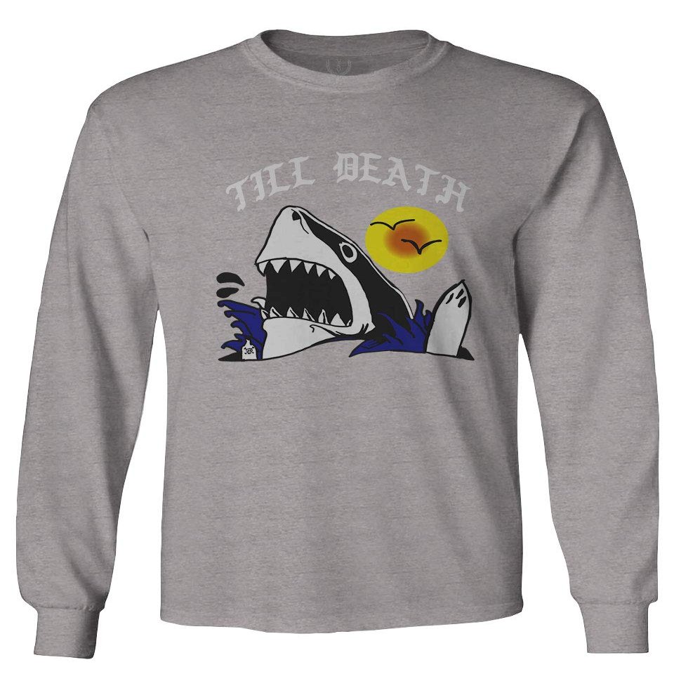 0257. Shark Summer Vibe Cool Graphic Surf Till Death Streetwear Society Men's Long Sleeve t Shirt (Light Gray Large)