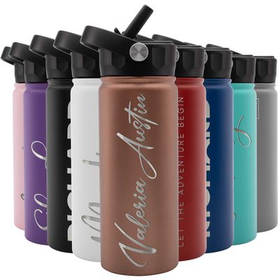 Amazing Items Personalized Water Bottle w/Straw & Lid, 18 oz - Rose Gold | Custom Stainless Steel Sports Water Bottle w/Name and Text - Double-Wall, Vacuum Insulated - Rotating Handle