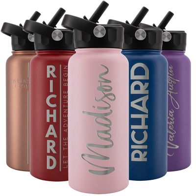 Amazing Items Personalized Water Bottle w/Straw & Lid, 32 oz - Pink | Custom Stainless Steel Sports Water Bottle w/Name and Text - Double-Wall, Vacuum Insulated - Rotating Handle
