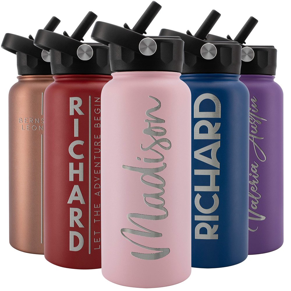 Amazing Items Personalized Water Bottle w/Straw & Lid, 32 oz - Pink | Custom Stainless Steel Sports Water Bottle w/Name and Text - Double-Wall, Vacuum Insulated - Rotating Handle