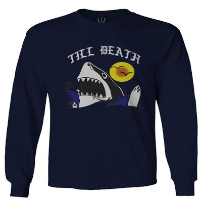 0257. Shark Summer Vibe Cool Graphic Surf Till Death Streetwear Society Men's Long Sleeve t Shirt (Characol, 2X Large)