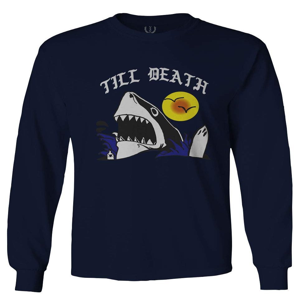 0257. Shark Summer Vibe Cool Graphic Surf Till Death Streetwear Society Men's Long Sleeve t Shirt (Characol, 2X Large)