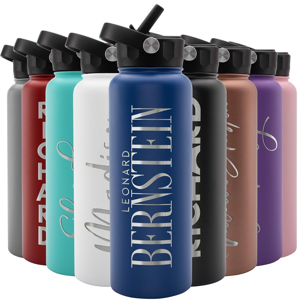 Amazing Items Personalized Water Bottle w/Straw & Lid, 40 oz - Navy Blue | Custom Large Stainless Steel Sports Water Bottle w/Name and Text - Double-Wall, Vacuum Insulated - Rotating Handle