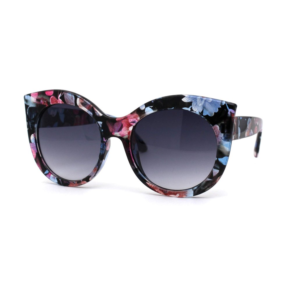 Girls Kid Size Thick Plastic Round Circle Lens Cat Eye Sunglasses Flower Smoke