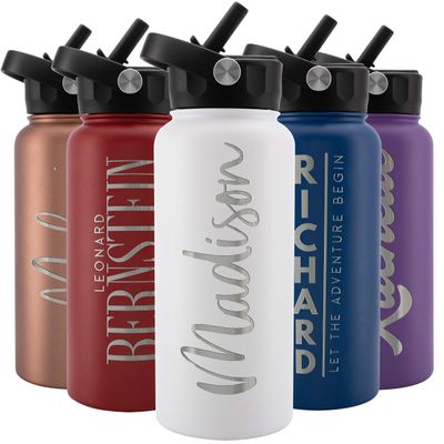 Amazing Items Personalized Water Bottle w/Straw & Lid, 32 oz - White | Custom Stainless Steel Sports Water Bottle w/Name and Text - Double-Wall, Vacuum Insulated - Rotating Handle