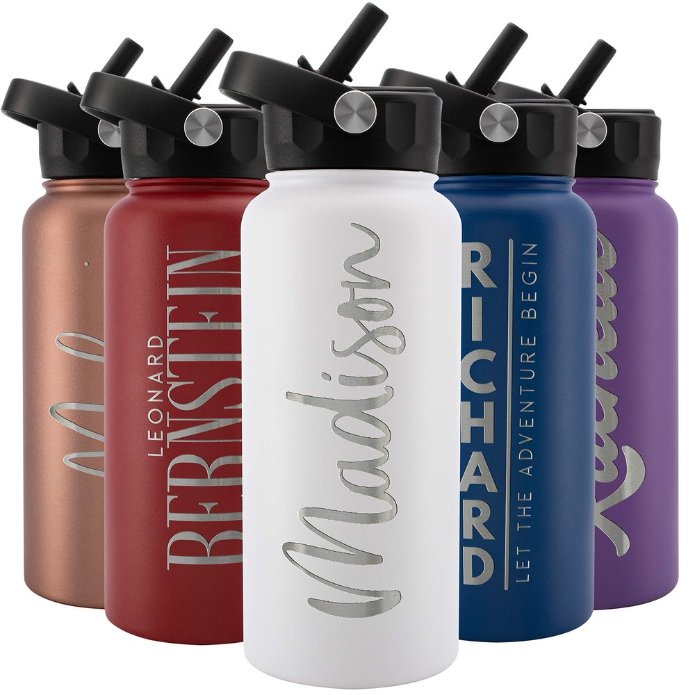 Amazing Items Personalized Water Bottle w/Straw & Lid, 32 oz - White | Custom Stainless Steel Sports Water Bottle w/Name and Text - Double-Wall, Vacuum Insulated - Rotating Handle