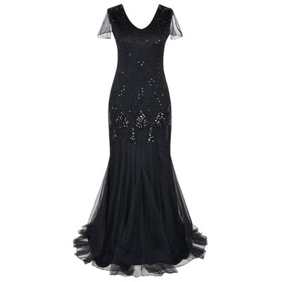 1920s Great Gatsby Flapper Formal Evening Party Dress for Women Vintage V Neck Art Deco Fringe Beaded Sequin Mermaid Hem Floor Length Cocktail Maxi Gown with Sleeve Black S