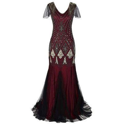 1920s Great Gatsby Flapper Formal Evening Party Dress for Women Vintage V Neck Art Deco Fringe Beaded Sequin Mermaid Hem Floor Length Cocktail Maxi Gown Embellished Prom Costume Burgundy + Gold S