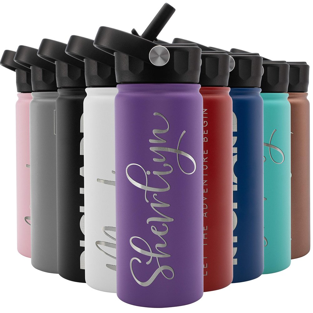 Amazing Items Personalized Water Bottle w/Straw & Lid, 18 oz - Purple | Custom Stainless Steel Sports Water Bottle w/Name and Text - Double-Wall, Vacuum Insulated - Rotating Handle