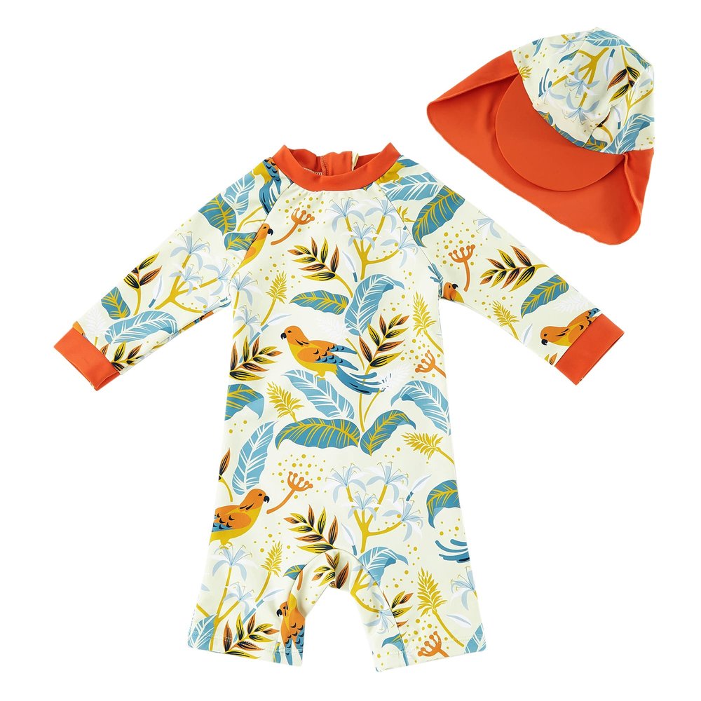 upandfast Baby/Toddler Girl One Piece Zip Sunsuits with Sun Hat UPF 50+ Sun Protection Infant Beach Swimsuit (Orange(LS), 12-18 Months)