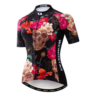 JPOJPO Womens Cycling Jersey Short Sleeve, Ladies Mountain Bike Shirts Bicycle Clothes Outfit Top for Cyclist Biking Cycle Riding Dirt Road BMX MTB Running Workout Sports, Flower Skull XL