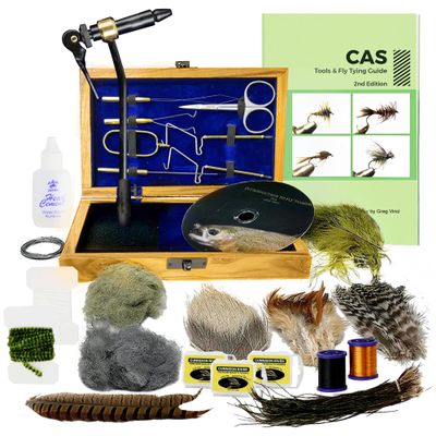 Creative Angler Fly Tying Standard Tool Kit with Wooden Box, Book & DVD, Rotary Vise, Bobbin, Scissors, Whip Finisher, Complete Fly Fishing Set for Beginners & Pros