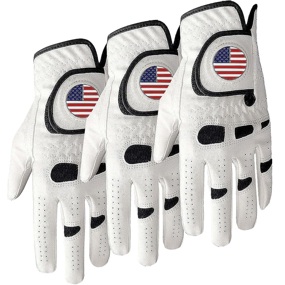 Amy Sport Golf Gloves Men Right Hand with Ball Marker 3 Pack for Left Handed Golfer Premium Leather Weathersof Grip Soft Mens Glove (3 Pack M/Large-Worn on Right Hand)