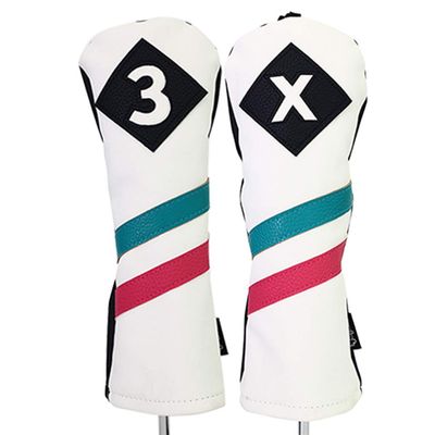 Majek Golf Vintage Headcovers White Seafoam Teal Pink Stripe Premium Retro Leather Style 3 & X Fairway Head Covers Fits All Modern Metal Woods Classic Handcrafted Custom Designs Made in California