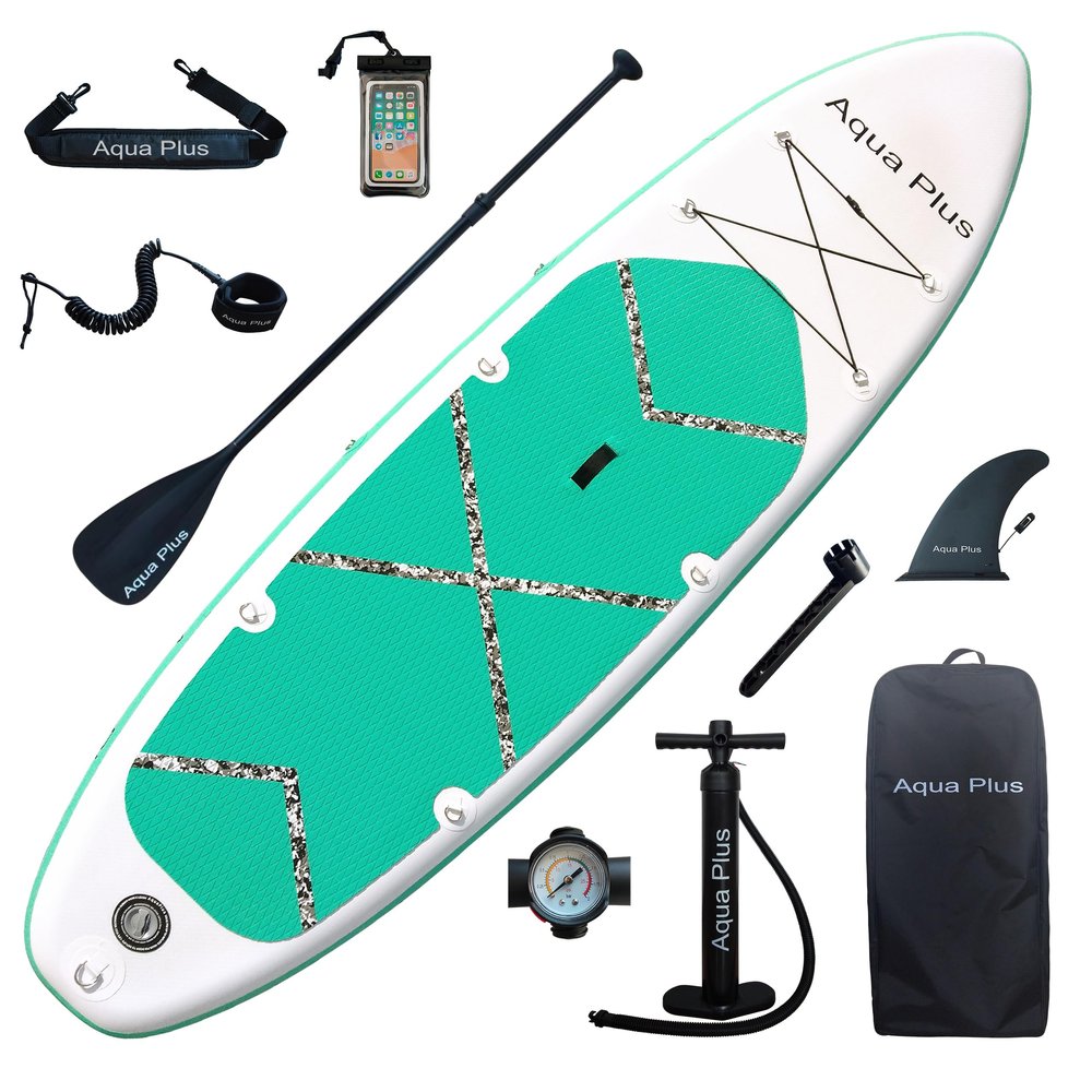 Aqua Plus Paddle-boards Inflatable SUP for All Skill Levels, 132in x 33in x 6in, Camou, Paddle, Double Action Pump, Backpack, Leash, Shoulder Strap, 350lbs