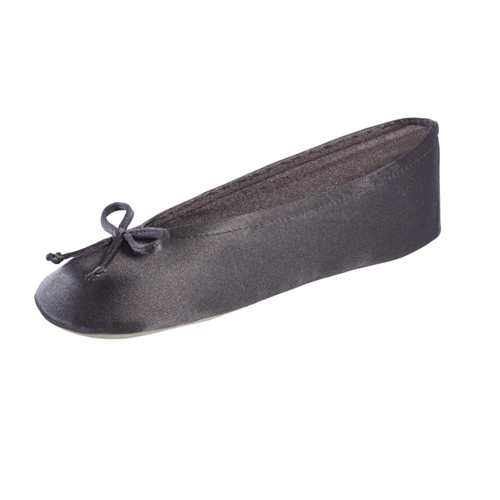isotoner Women's Classic Stretch Satin Ballerina Slippers with Bow Tie and Leather Sole, Mineral, 8-9