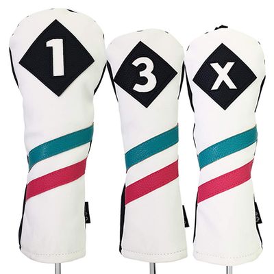 Majek Golf Vintage Headcovers White Seafoam Teal Pink Stripe Premium Retro Leather Style 1 3 X Driver and Fairway Head Covers Fits 460cc Drivers and All Modern Metal Woods Custom Design in California