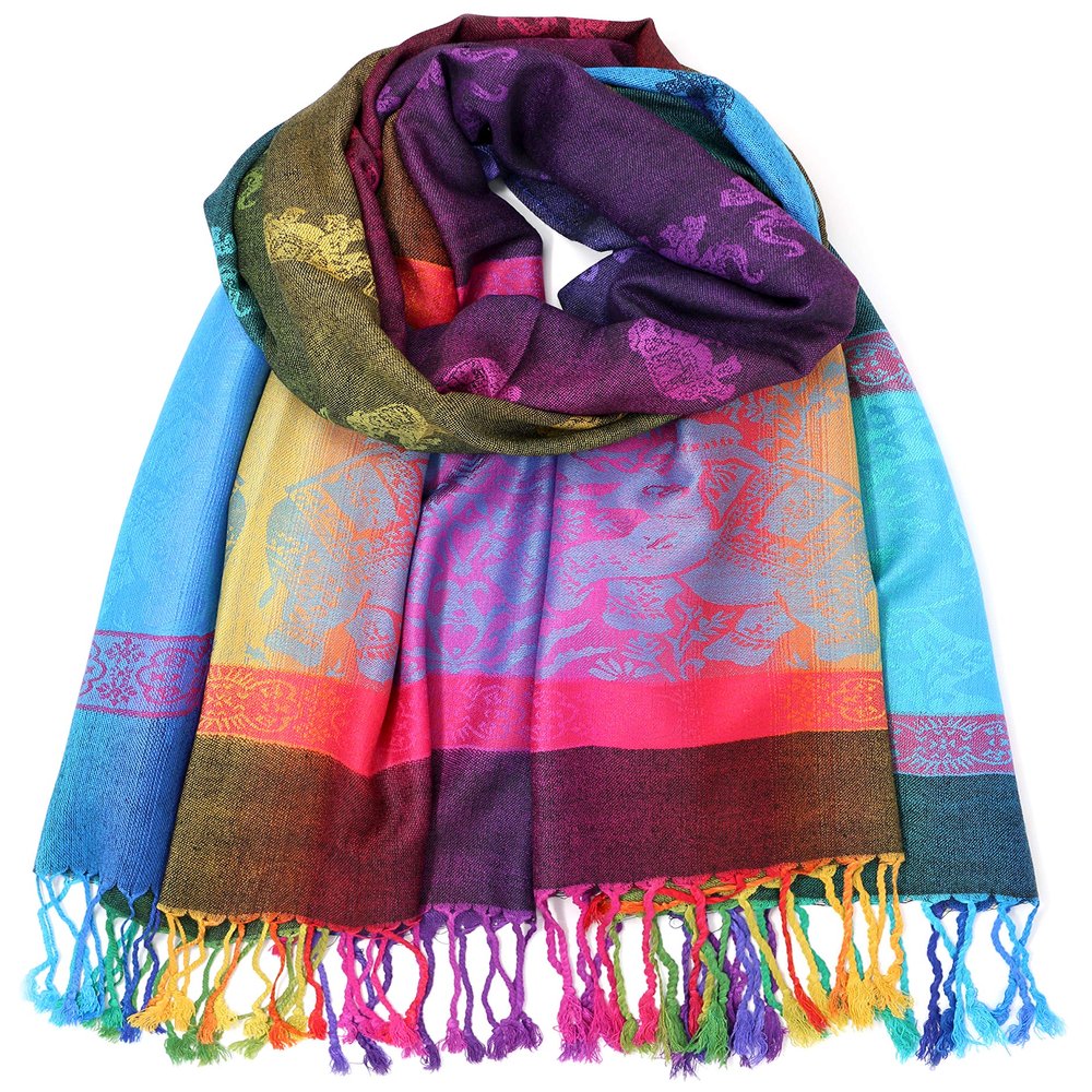 Colorful Elephant Peacock Feather Pashmina Scarf Shawl Wrap (Black Elephant)