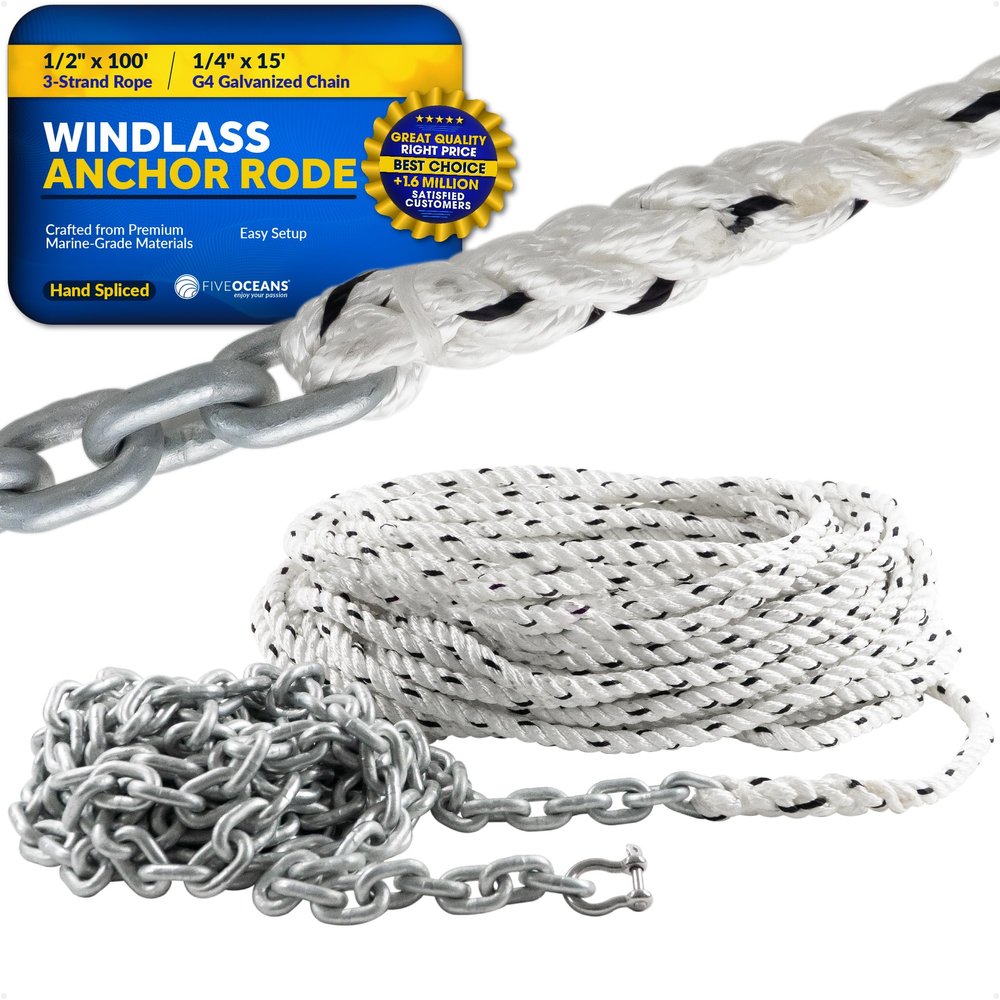 Five Oceans Windlass Anchor Rode, Hand-Spliced Anchor Rope and Chain Combination Kit, 1/2" x 100' Nylon 3-Strand Rope, 1/4" x 15' G4 Hot-Dipped Galvanized Steel Chain for Boat Anchor System - FO4286