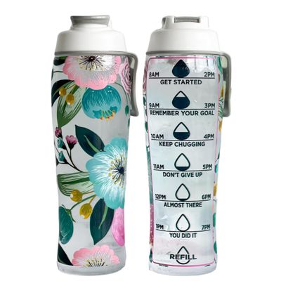 50 Strong Reusable Water Bottle with Time Markers 30 oz BPA-Free Leakproof Bottle with Chug Cap & Easy-Carry Handle Made in USA (Pretty Flowers)