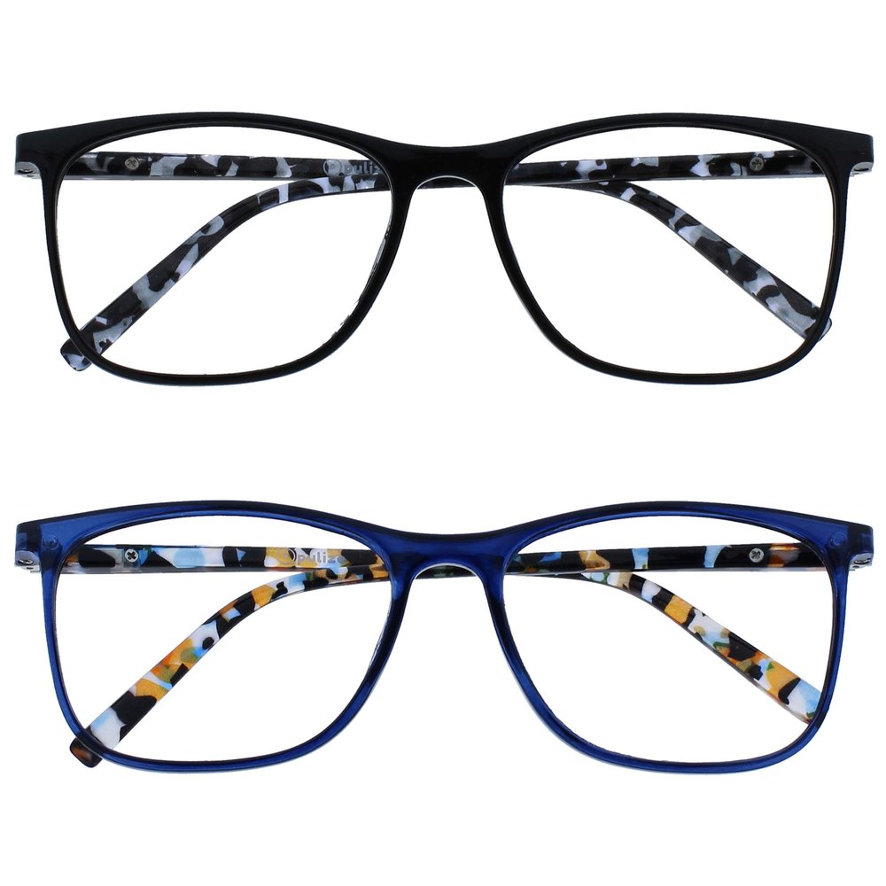 OPULIZE ARC Large Reading glasses for Women Men,Scratch Resistant Rectangular frame with Spring Hinges, Black, Blue +2 (Pack of 2)
