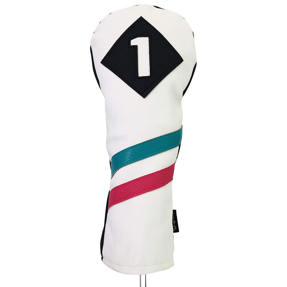 Majek Golf Vintage Headcovers White Seafoam Teal Pink Stripe Premium Retro Leather Style 1 Driver Head Cover Fits 460cc Drivers Handcrafted Classic Custom Designs Made in California