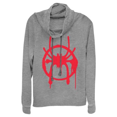 Fifth Sun Junior's Marvel Universe Miles Symbol Women's Long Sleeve Cowl Neck Pullover, Gray Heather, X-Small