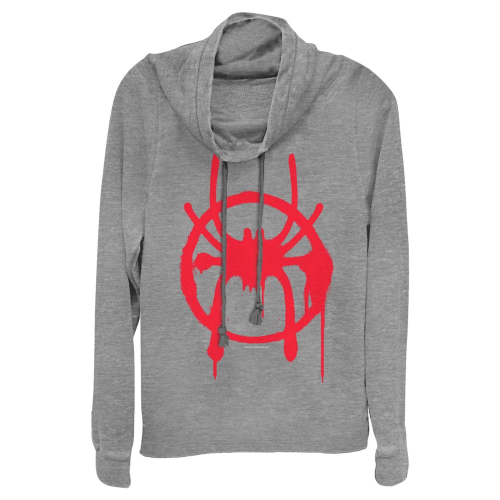 Fifth Sun Junior's Marvel Universe Miles Symbol Women's Long Sleeve Cowl Neck Pullover, Gray Heather, X-Small