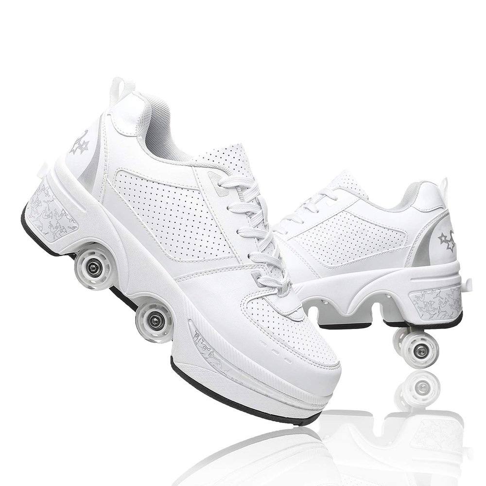 Automatic Walking Shoes Invisible Roller Skate 2 in 1 Removable Pulley Skates Skating Double-Row Deform Wheel Deformation (Silver, US 6.5)