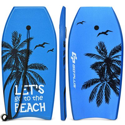 Goplus 41''/37''/33'' Lightweight Body Board for Beach, Surf Board with EPS Core, XPE Deck, HDPE Slick Bottom, Wrist Leash, Bodyboard for Kids Adults Surfing (Blue Coconut Palm, 41 Inches)