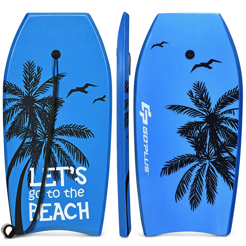 Goplus 41''/37''/33'' Lightweight Body Board for Beach, Surf Board with EPS Core, XPE Deck, HDPE Slick Bottom, Wrist Leash, Bodyboard for Kids Adults Surfing (Blue Coconut Palm, 41 Inches)