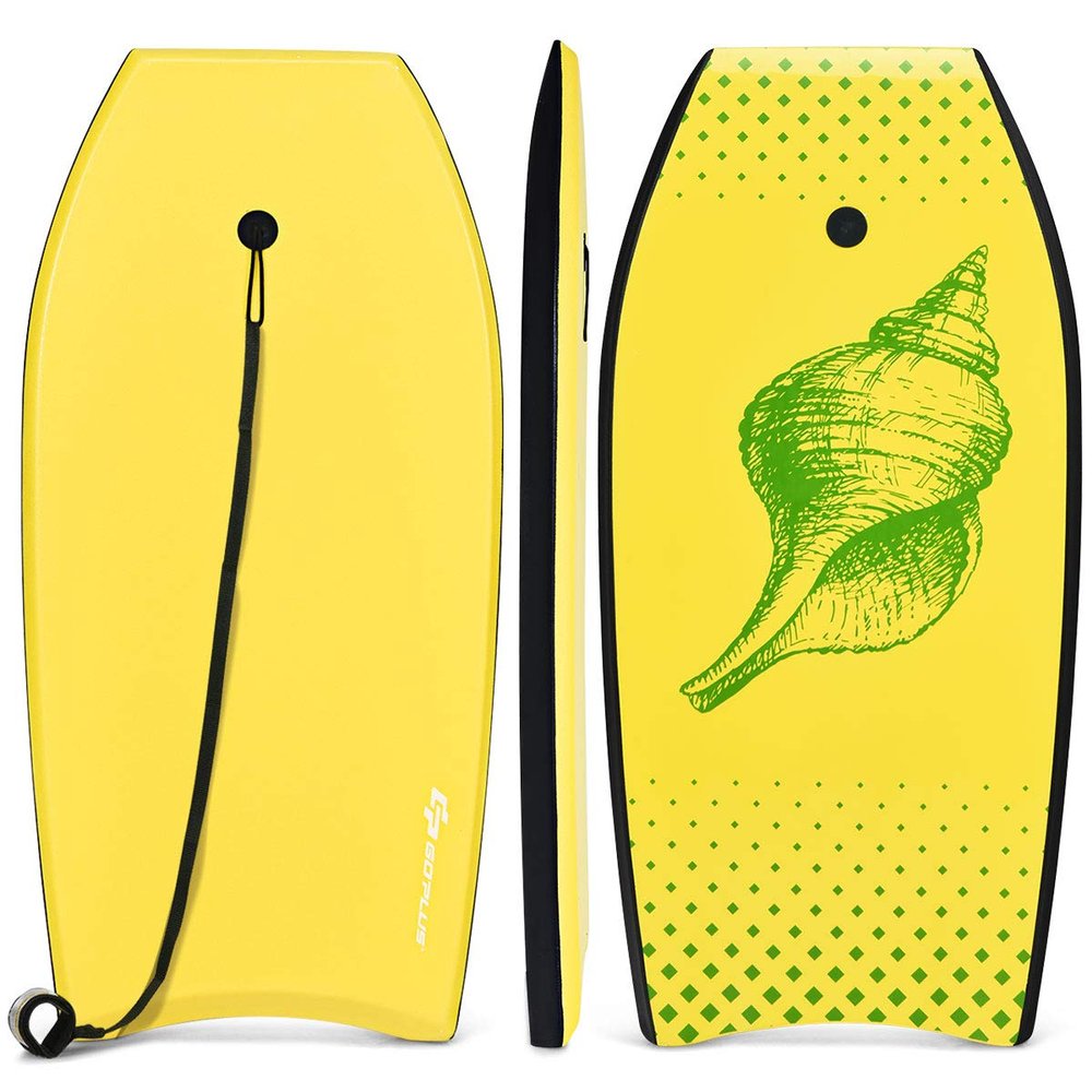 Goplus 41''/37''/33'' Lightweight Body Board for Beach, Surf Board with EPS Core, XPE Deck, HDPE Slick Bottom, Wrist Leash, Bodyboard for Kids Adults Surfing (Yellow Conch, 41 Inches)