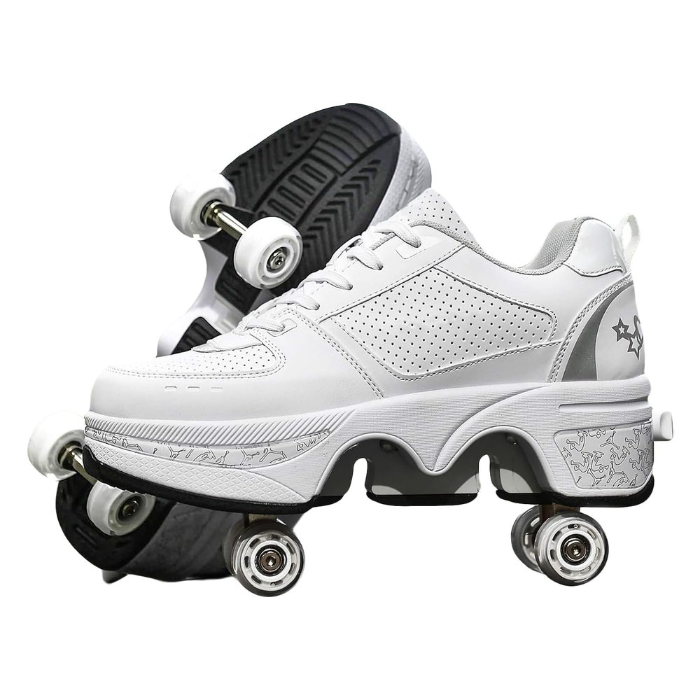 Double-Row Deform Wheel Automatic Walking Shoes Invisible Deformation Roller Skate 2 in 1 Removable Pulley Skates Skating Parkour (Silver, US 9.5)