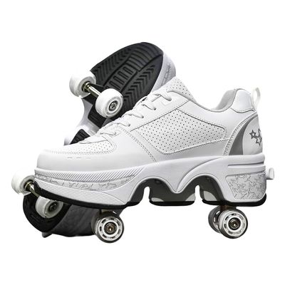 Double-Row Deform Wheel Automatic Walking Shoes Invisible Deformation Roller Skate 2 in 1 Removable Pulley Skates Skating Parkour (Silver, US 5.5)