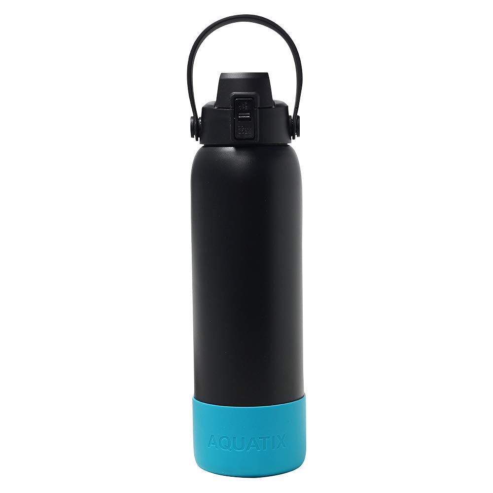 Aquatix Double Wall Insulated 32 Ounce Black Bottle with Silicon Shock Scratch and Dent Resistant Boot (Turquoise)