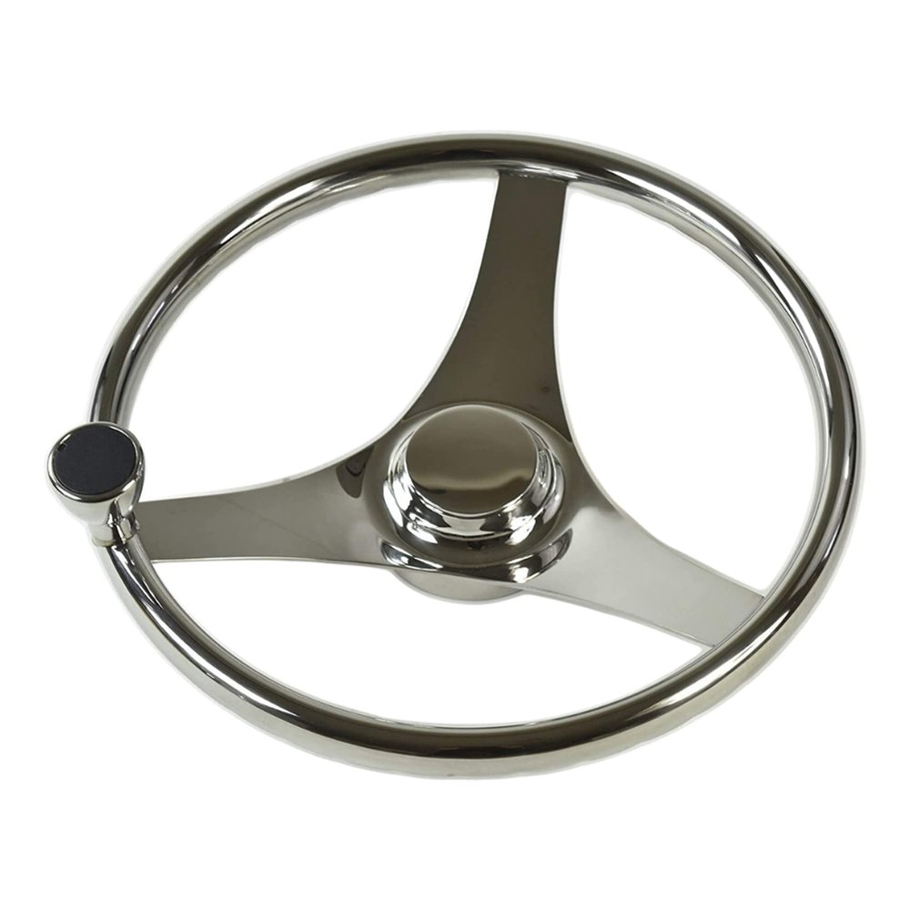 MARINE CITY 304 Stainless Steel 3Spoke Steering Wheel with Control Knob 13-1/2  Polished MarineGrade Wheel for Boats, Yachts & Ships